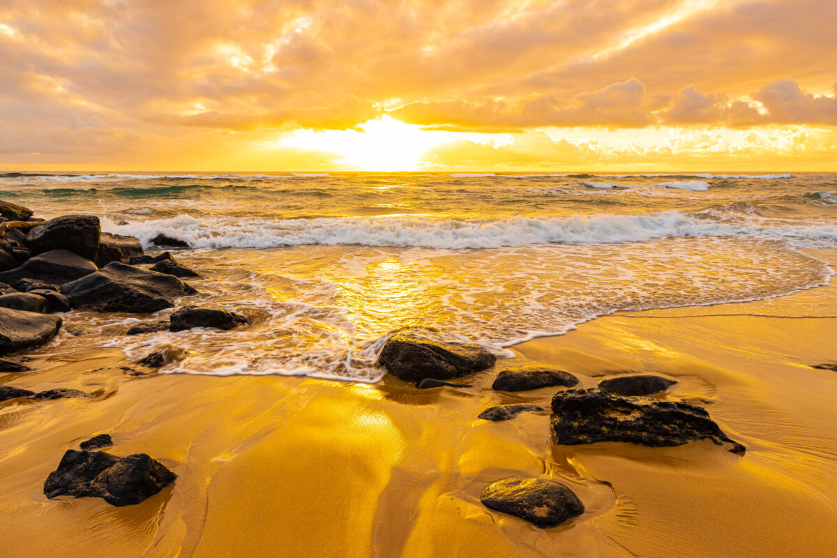 Golden Sunrise on The Sandy Shores of Lydgate Beach, Lydgate Beach Park, Kauai, Hawaii