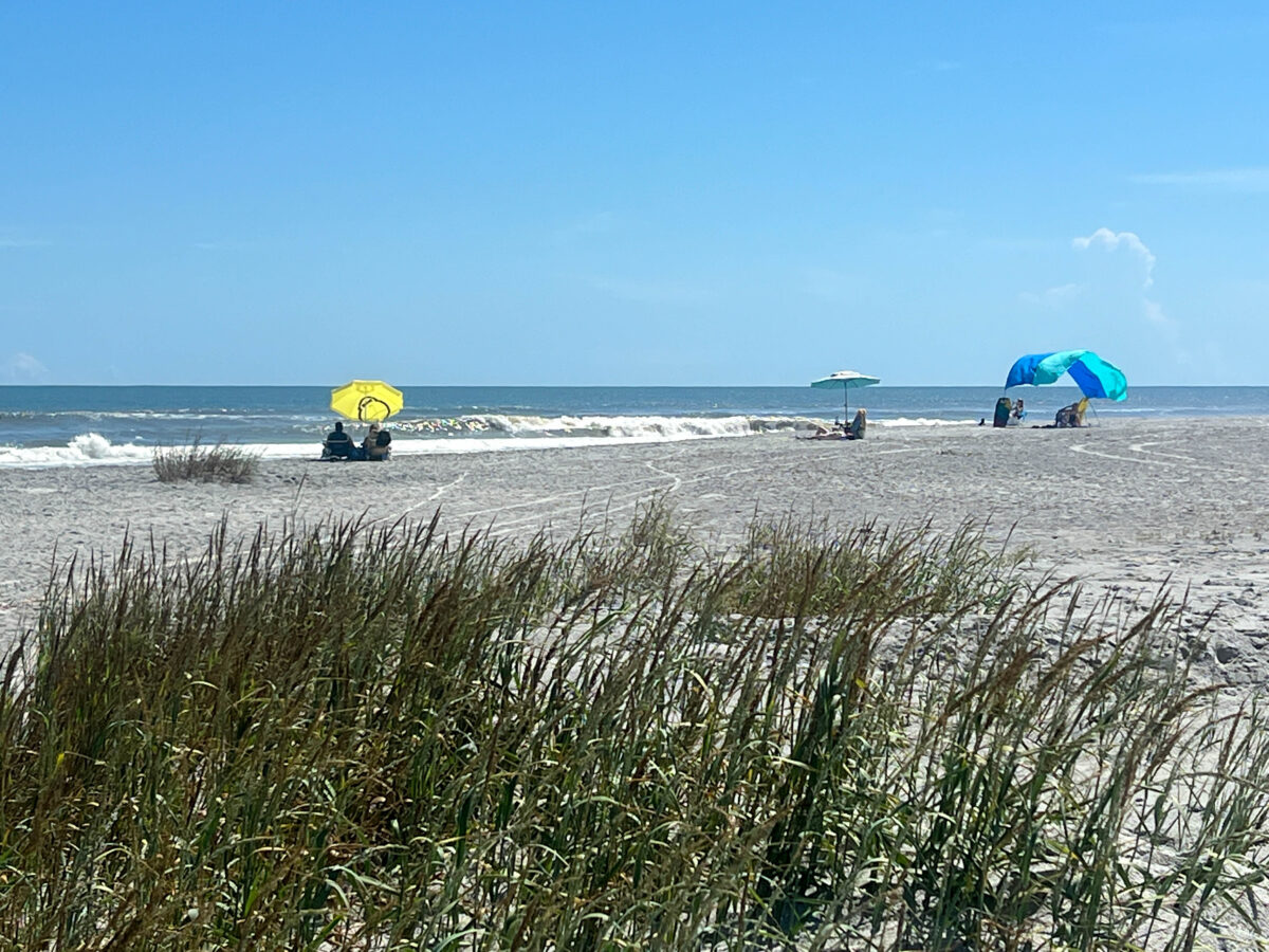 Grass, Sand, and Water with Umbrellas on Beach, Anastasia State Park, St. Augustine Florida