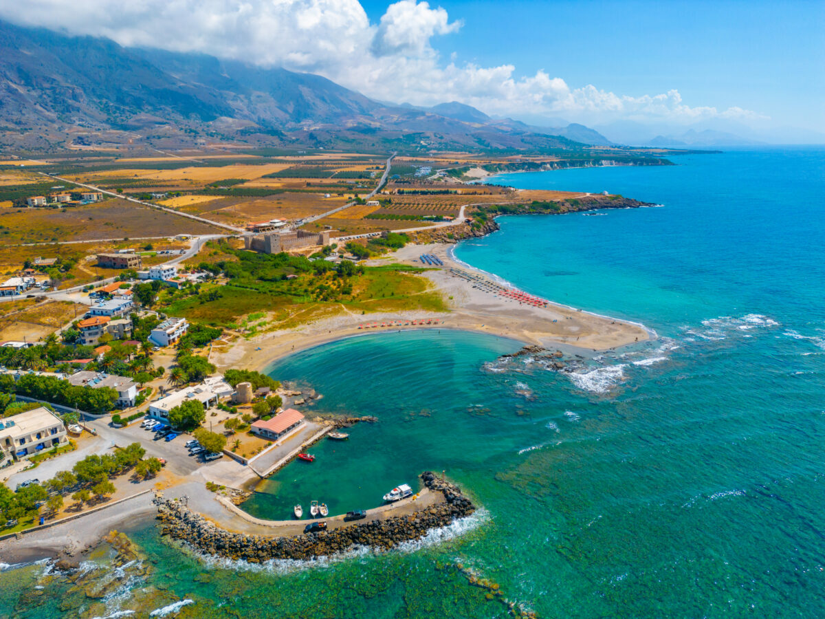 Panorama view of Frangokastello beach at Greek island Crete