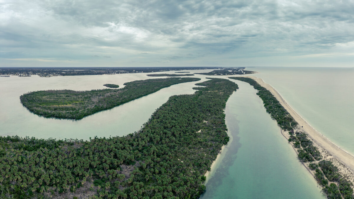 Aerial view of Stump Pass Beach State Park coastline in Venice, Florida