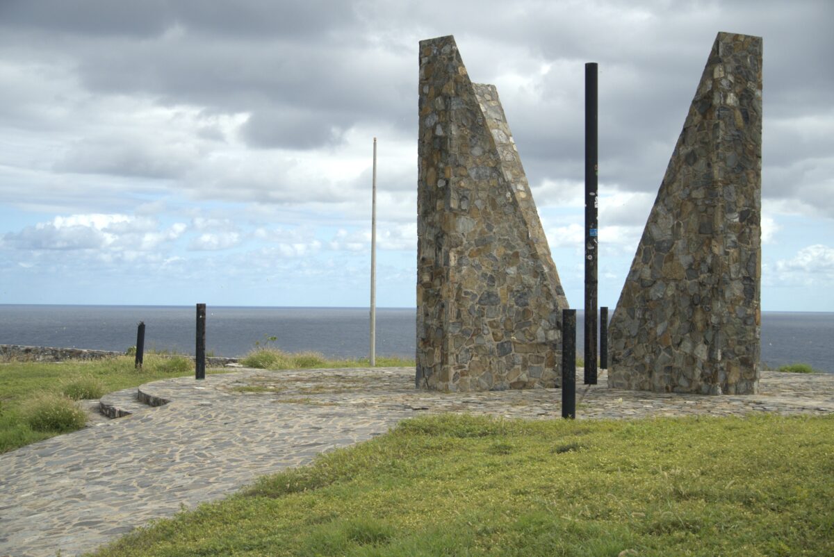 Monument with water in background, Point Udall, St. Croix, USVI