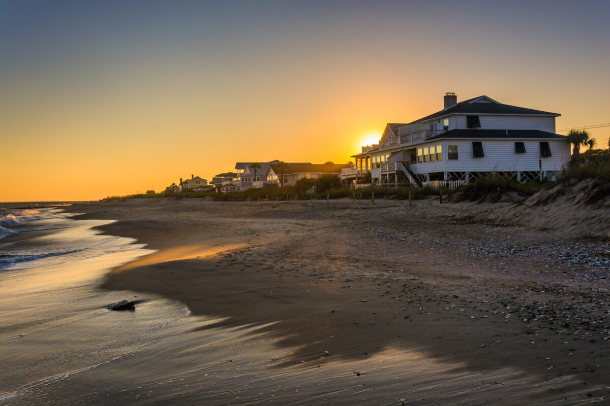 Sunset over beachfront homes at Edisto Beach, South Carolina