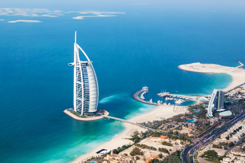Burj Al Arab is a luxury 5 star hotel built on an artificial island in front of Jumeirah beach