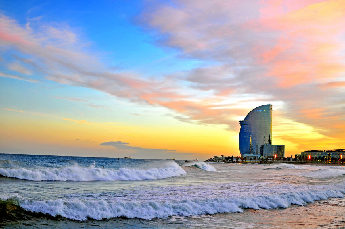 Barcelona beach on sunset, Catalonia, Spain