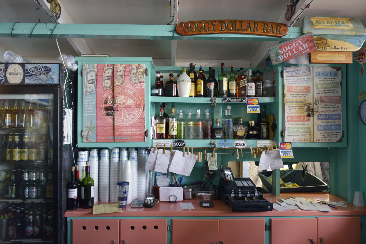 Counter at the Soggy Dollar Bar, White Bay, Jost Van Dyke, BVI.
