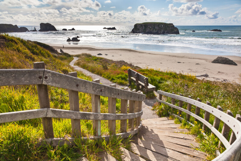 Wooden staircase leading to Bandon Beach, Oregon coast, USA
