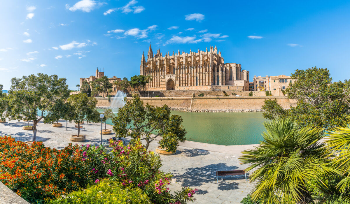 Palma de Mallorca landscape. Landscape with Cathedral La Seu in Palma de Mallorca islands, Spain