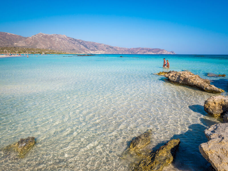Elafonisi, a paradise beach with turquoise water, an island located close to the southwestern corner of the Mediterranean island of Crete, known for its pink sand beaches
