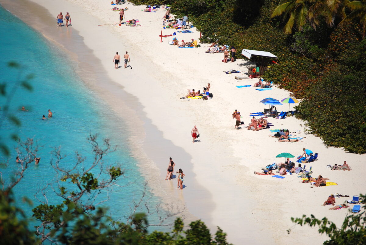 Bathers in Trunk Bay, USVI. Bathers enjoy warm Caribbean waters