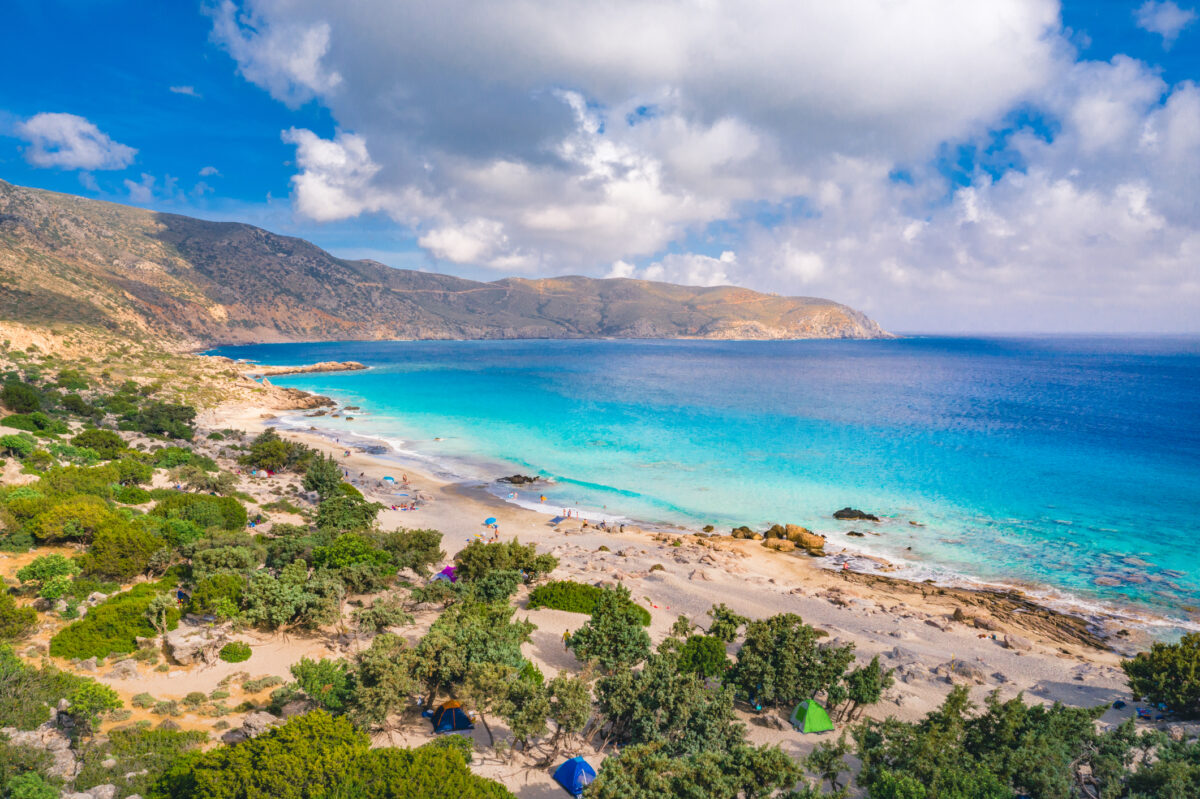 The popular sandy beach of Kedrodasos near Elafonisi, Chania, Crete, Greece