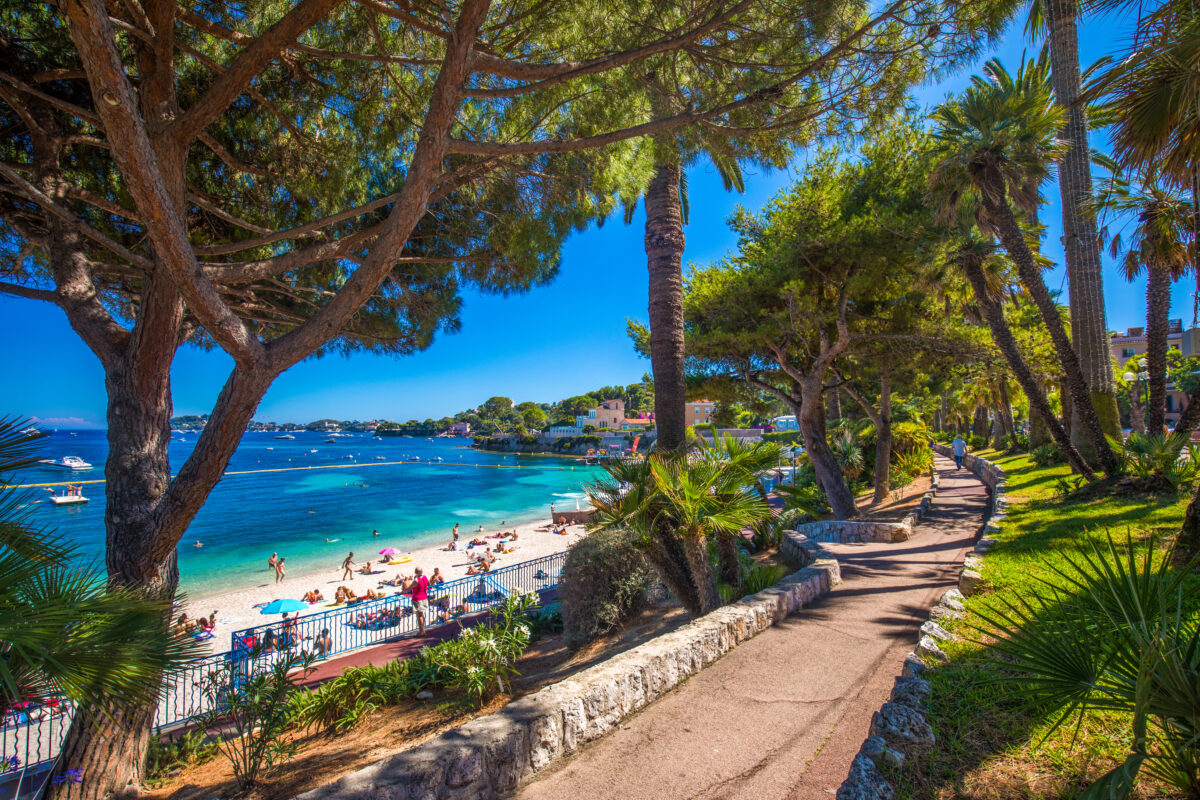 Beach promenade in the Beaulieu-sur-mer village with palm trees