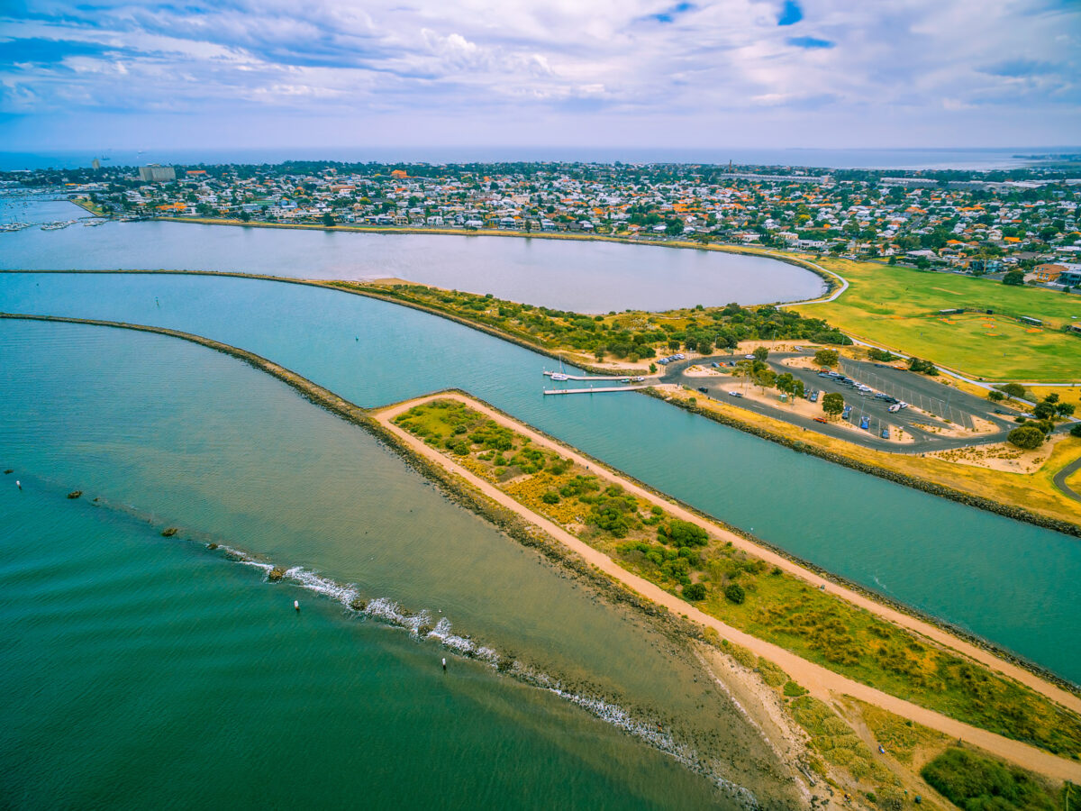 Aerial view of Yarra river mouth and Williamstown