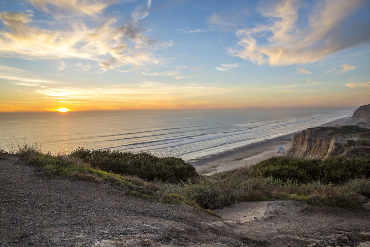 Ocean sunset view from the high bluffs of San Onofre state beach and park