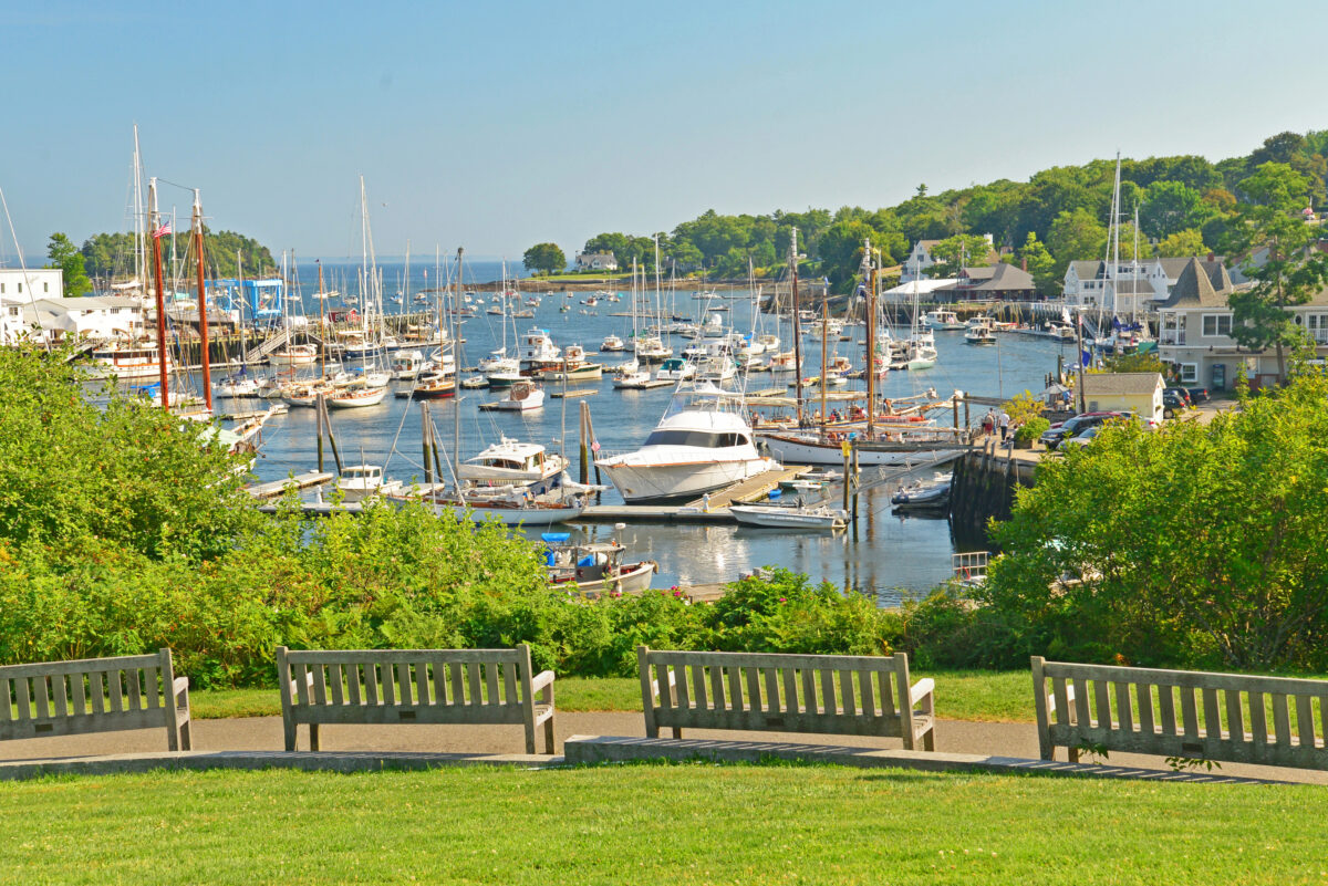 Benches to enjoy the beautiful Camden Harbor in Maine. Camden provides visitors ample opportunity to spend time admiring the beauty of it marina and harbor