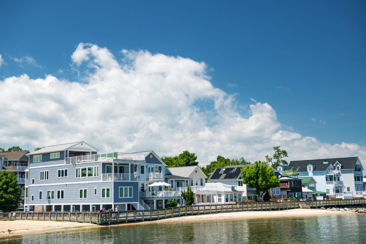 Walking line along the Chesapeake Bay Houses, in North Beach, Maryland. Sunny day, blue sky.