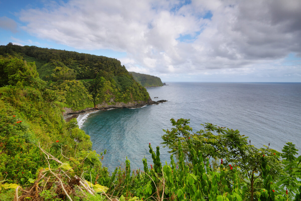 Ocean views and cliffs from Hana highway, Maui island, Hawaii, USA