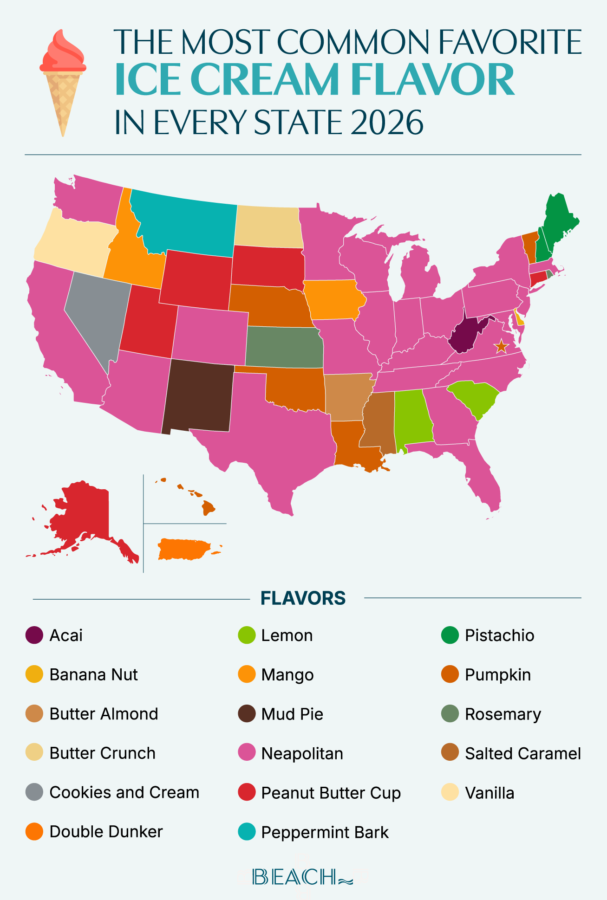 A map showing the most common favorite ice cream flavors in every state. 