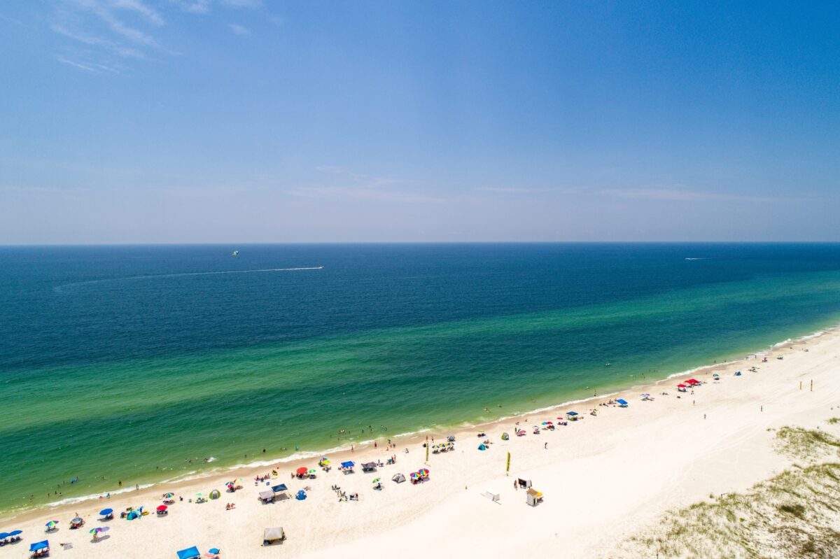 Gulf shores, Alabama on a summer day. Aerial view of the gulf coast, USA at gulf shores, Alabama beach waterfront coast