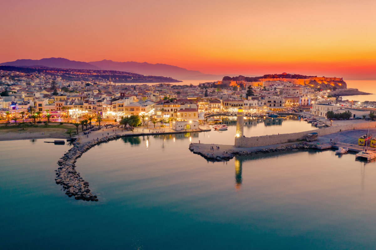 Rethymno city at Crete island in Greece. Aerial view of the old venetian harbor.