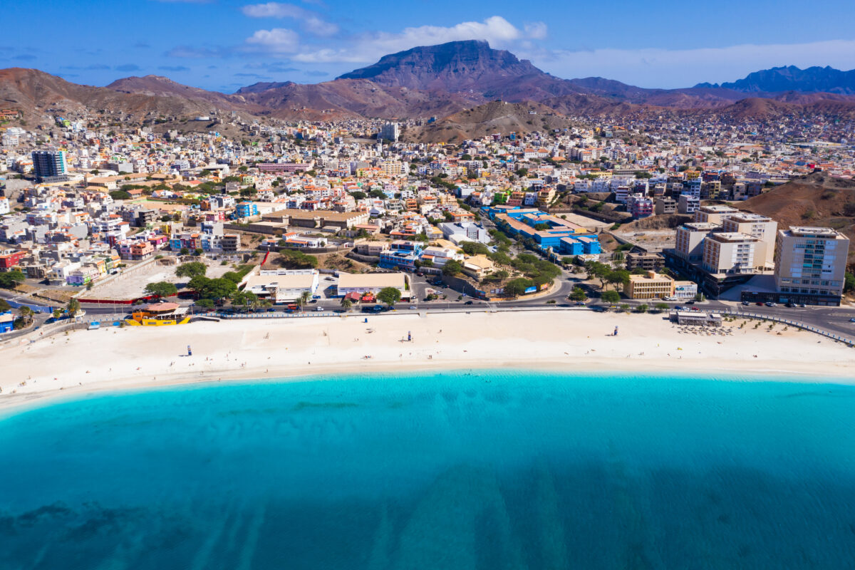 Aerial view of Laginha beach in Mindelo city in Sao Vicente Island in Cape Verde