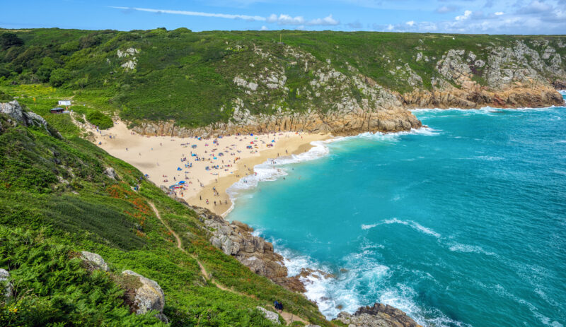 aerial of Porthcurno Beach, Cornwall, England, United Kingdom