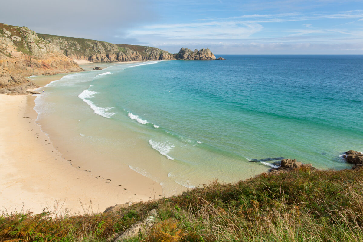 aerial of Porthcurno beach Cornwall England
