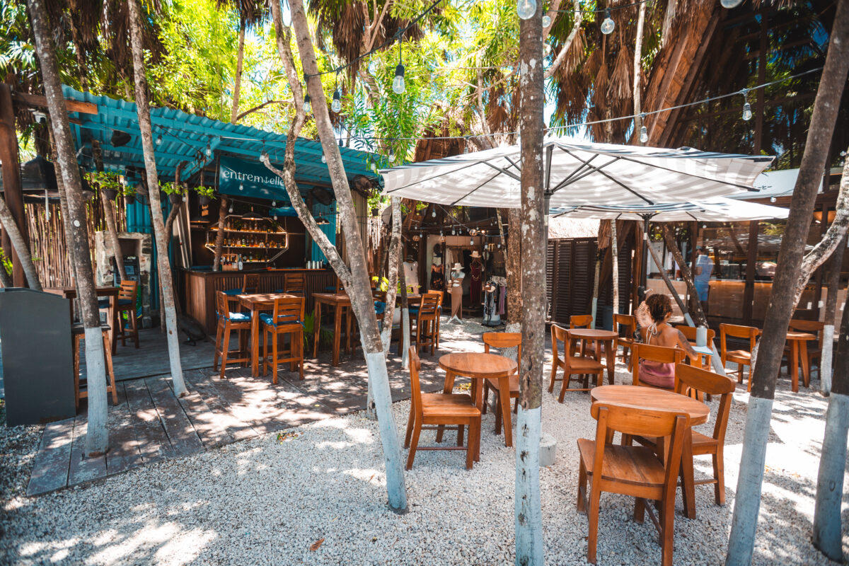 Tulum, Quintana Roo, Mexico Patio with tables and chairs under umbrellas