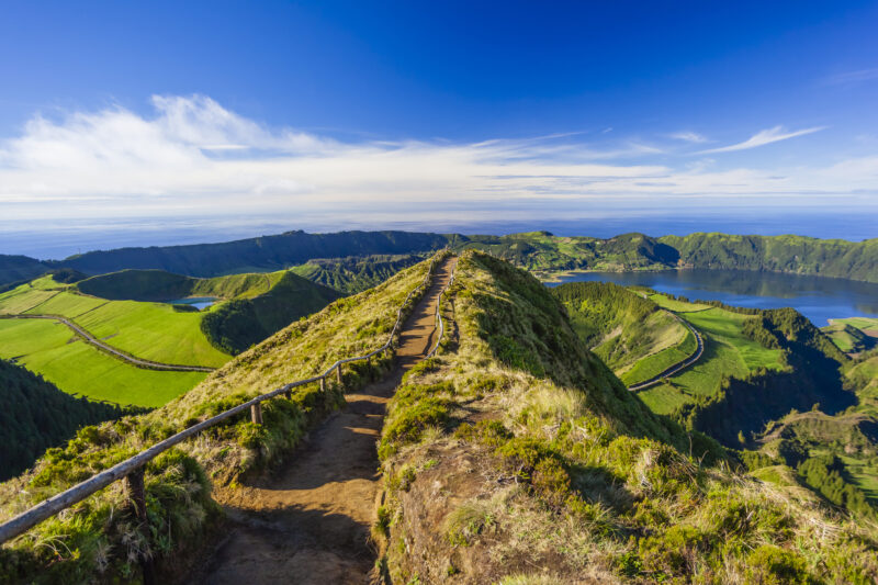 View from Miradouro da Boca do Inferno, Azores, Portugal. View from Miradouro da Boca do Inferno to the volcanic crater of Sete Citades, Lagoa Verde, Lagoa Azul and Lagoa de Santiago, Sao Miguel, Azores, Portugal