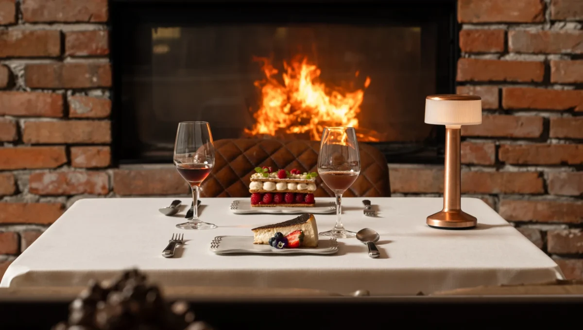 plated dishes on table with fireplace in backdrop