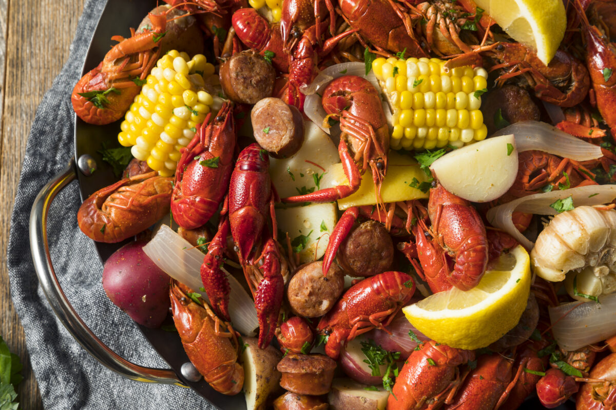 Homemade Southern Crawfish Boil with Potatoes Sausage and Corn