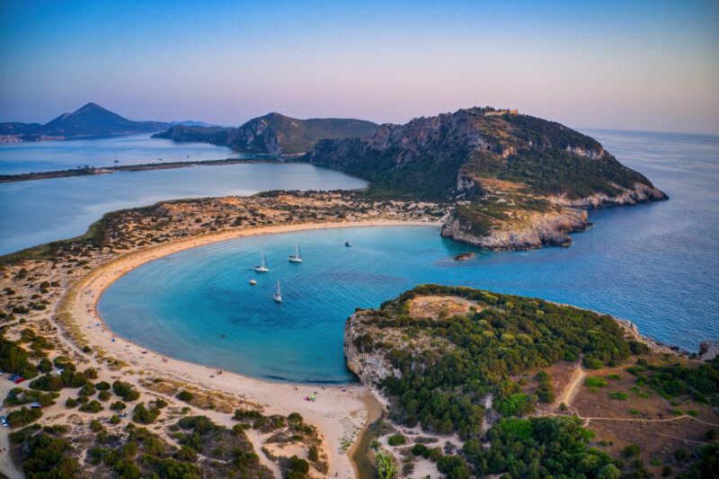 Panoramic aerial view of voidokilia beach, one of the best beaches in mediterranean Europe, beautiful lagoon of Voidokilia from a high point of view, Messinia, Greece