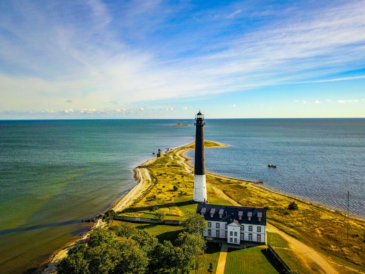 An aerial view of the Lighthouse on the Sorve Peninsula on the island of Saaremaa, Estonia