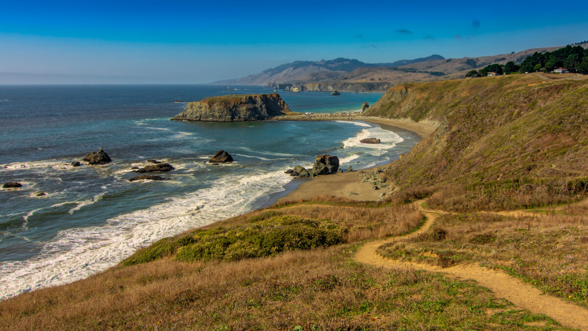 Panoramic view of the Pacific Coast from Goat Rock state park, Sonoma Coast, California, USA, on a sunny day in the autumn
