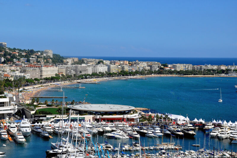 aerial of the marina and shoreline of Cannes, French Riviera