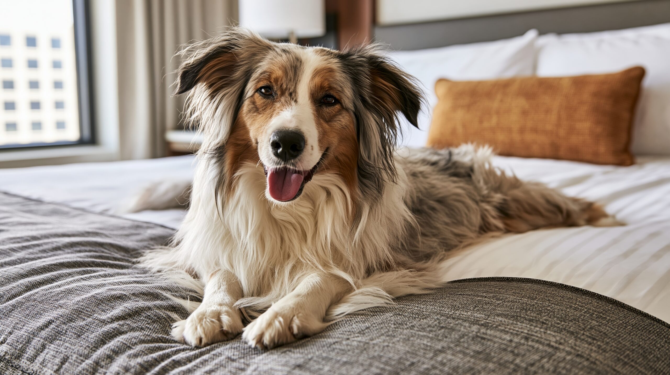Pet-friendly Hotel Room With Relaxed Dog on Bed During Daytime