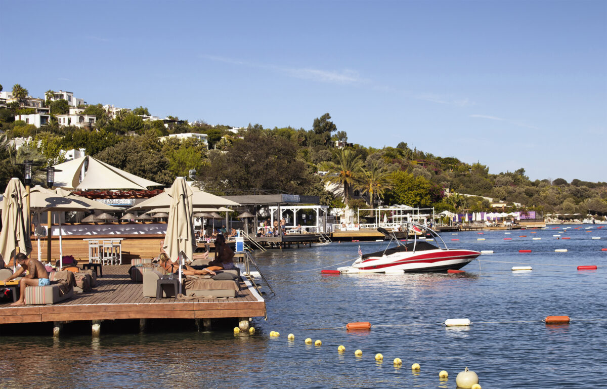 Luxury, expensive, famous beach clubs in Turkbuku town of Bodrum peninsula